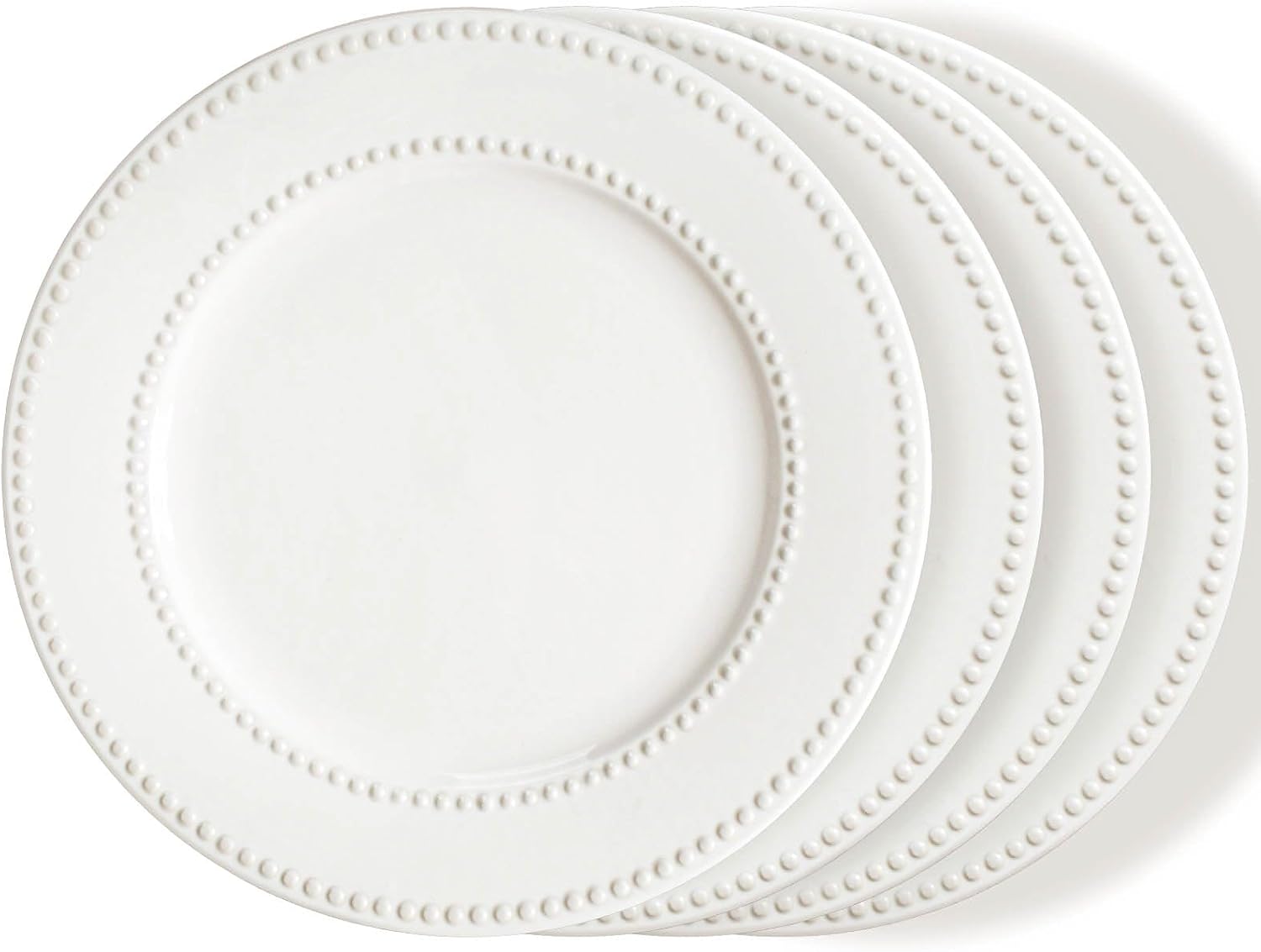 Four piece set, 10 5 inch white ceramic plates, embossed salad plate, restaurant style, dishwasher and microwave safe